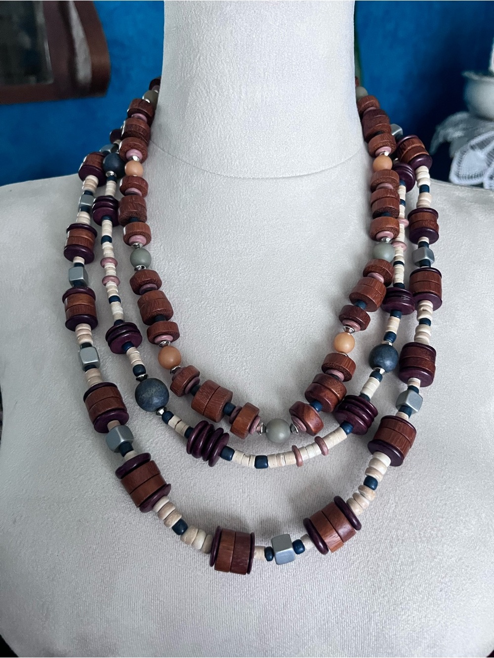 Multi Strand Wood Bead Statement Necklace Boho Earth Tone Artisan Adjustable